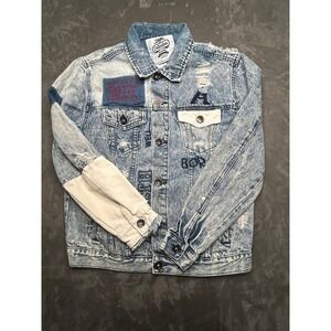 DNM Collection Denim Jacket Mens M Blue Acid Wash Distressed Embroidered Graphic